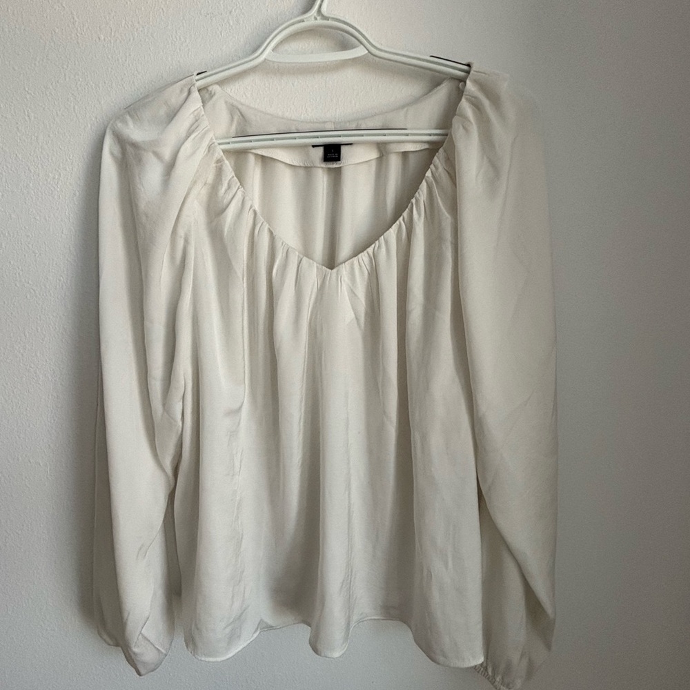 Ann Taylor Blouse Top Shirt Long Sleeve Satin Silk Like Ivory Suit Work Office
